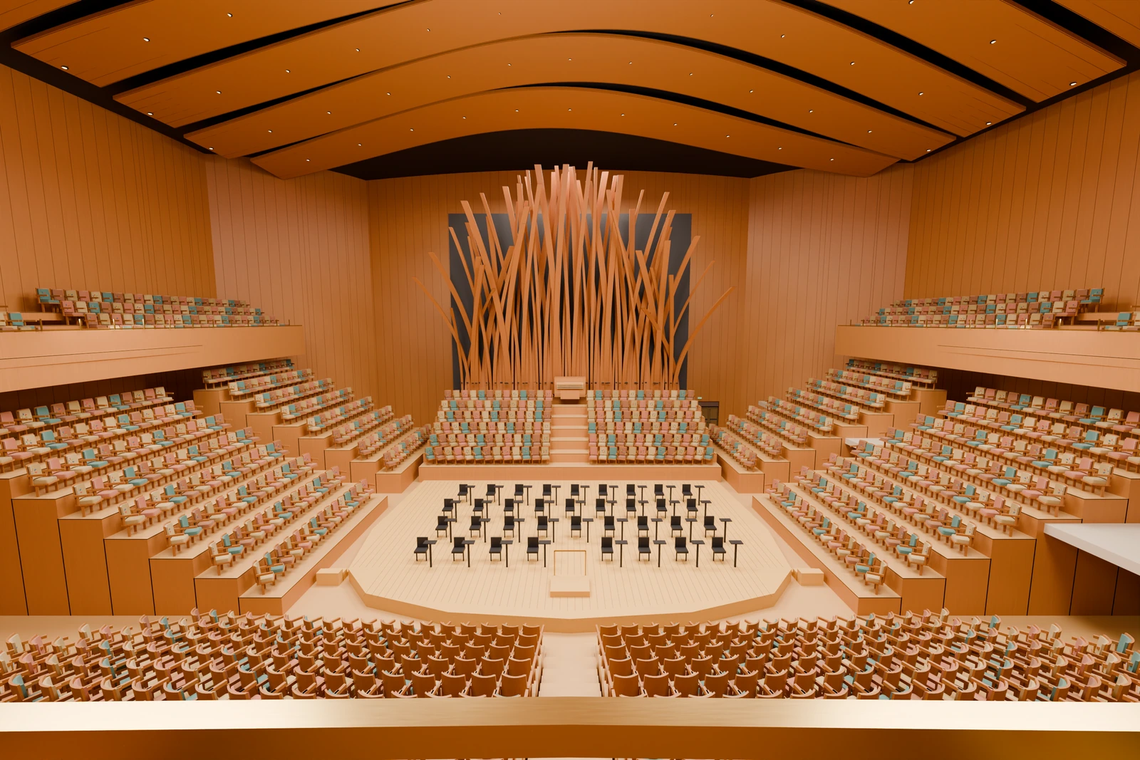 Walt Disney Concert Hall: Stupňovité hlediště a dřevěný podhled