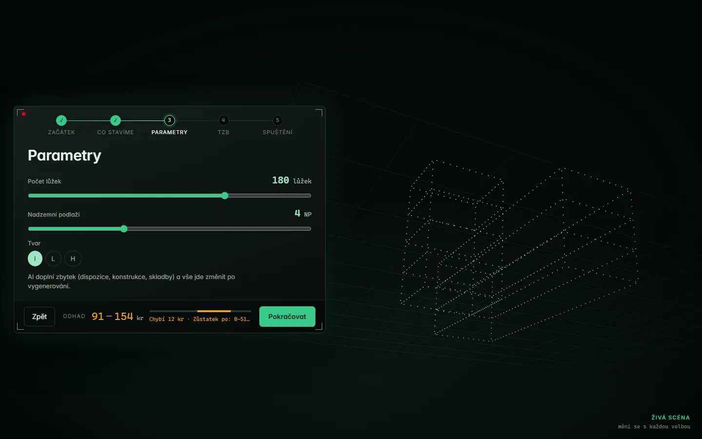 Parametry stavby s posuvníkem plochy a živým holografickým náhledem