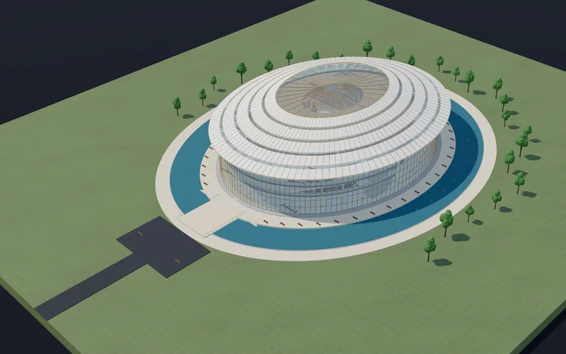 AURORA - oválná opera - Oválná opera do detailu: vrstvy střechy a příhradové nosníky, zakřivené akustické kazety, sestavená sedadla, balkony a jevištní technologie.