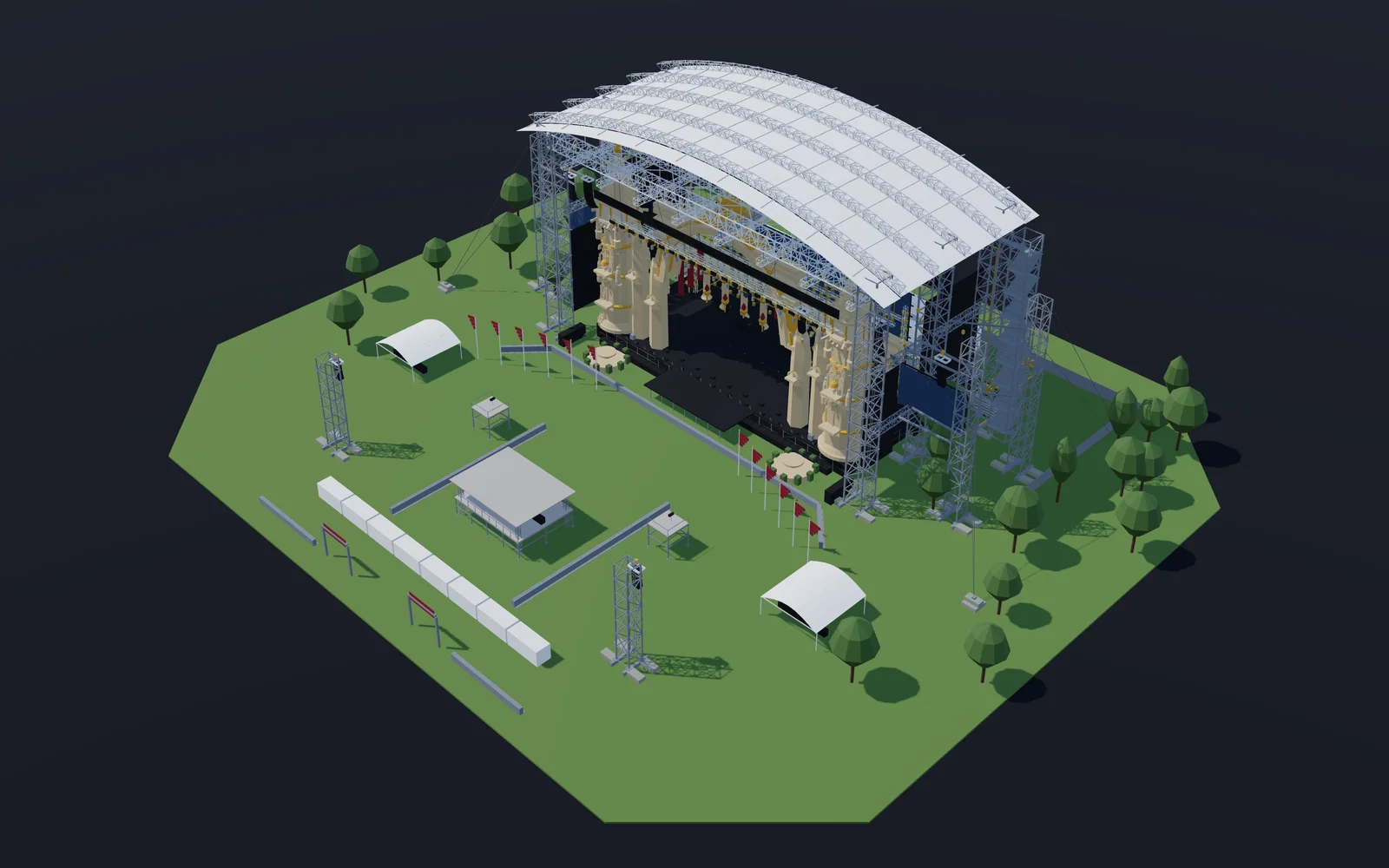 Festivalové pódium - Nejpodrobnější model na polici: šest věží ground-support systému, vazníky přes 67 m a sedm světelných mostů, každý nakreslený po prutech - pás, příčka v každém uzlu, diagonála v každé stěně pole. Na rámu visí výprava se sokly, cimbuřím, kružbami, chrliči, kanelovanou kolonádou, rozetami a sochami.
