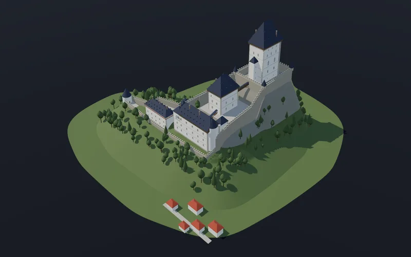 Karlštejn - Hrad na terénu jako výškovém poli: hradby se zakládají na téže funkci, ze které je kreslena skála.