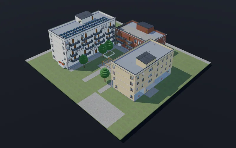 Bytový soubor - Tři domy a prostor mezi nimi - vnitroblok, cesty a zeleň jsou součástí modelu, ne podkladu.